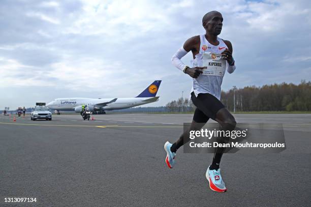 Eliud Kipchoge of Kenya winner of the gold medal competes during the NN Mission Marathon held at Airport or Vliegveld Twente on April 18, 2021 in...