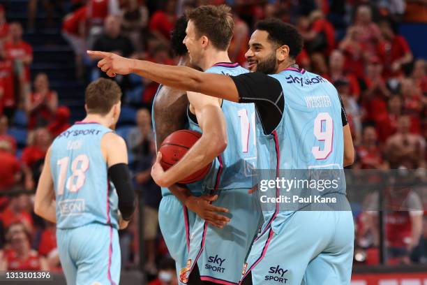 Corey Webster of the Breakers gestures to a court side spectator after winning the round 14 NBL match between the Perth Wildcats and the New Zealand...