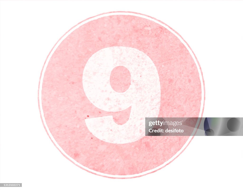 Horizontal soft faded pink colored spotted mathematical number nine, 9 encircled inside a bordered or framed pastel light peach circle over white vector backgrounds- part of series