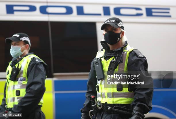 Police are seen outside the ground prior to the Scottish Cup game between Rangers and Celtic at Ibrox Stadium on April 18, 2021 in Glasgow, Scotland....