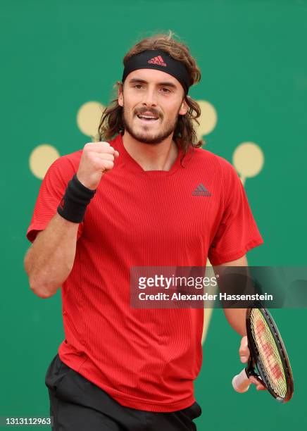 Stefanos Tsitsipas of Greece reacts during the Men's Final match with Andrey Rublev of Russia on day eight of the Rolex Monte-Carlo Masters at...