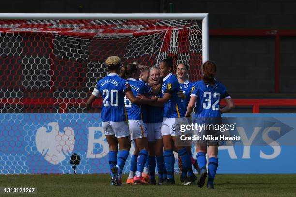 Inessa Kaagman of Brighton celebrates with team mates after scoring from the penalty spot during the Vitality Women's FA Cup Fourth Round match...