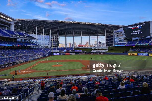 General view of the stadium during the game between the Miami Marlins and the St. Louis Cardinals at loanDepot park on April 06, 2021 in Miami,...