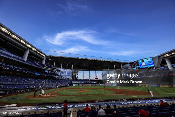 General view of the stadium during the game between the Miami Marlins and the St. Louis Cardinals at loanDepot park on April 06, 2021 in Miami,...