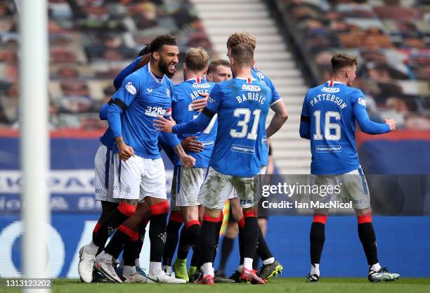 Connor Goldson and Borna Barisic of Rangers celebrate after their team's second goal, an own goal from Jonjoe Kenny of Celtic during the Scottish Cup...