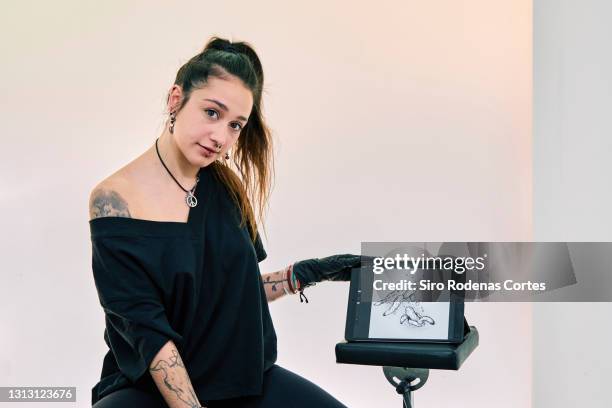 portrait of tattoo artist with digital tablet - nose piercing stock pictures, royalty-free photos & images