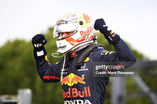 Race winner Max Verstappen of Netherlands and Red Bull Racing celebrates in parc ferme during the F1 Grand Prix of Emilia Romagna at Autodromo Enzo e...