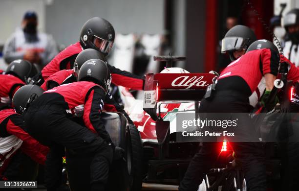 Kimi Raikkonen of Finland driving the Alfa Romeo Racing C41 Ferrari stops in the Pitlane during the F1 Grand Prix of Emilia Romagna at Autodromo Enzo...