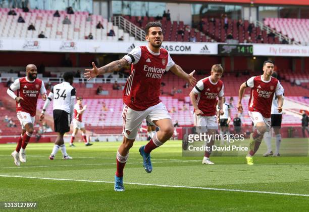 Dani Ceballos celebrates scoring a goal for Arsenal that is later disallowed during the Premier League match between Arsenal and Fulham at Emirates...