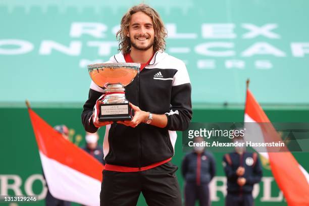 Stefanos Tsitsipas of Greece poses with the winners trophy after the Men's Final match on day eight of the Rolex Monte-Carlo Masters at Monte-Carlo...