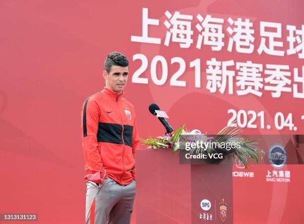 Oscar of Shanghai Port Football Club attends a pre-season mobilization before 2021 Chinese Super League on April 18, 2021 in Shanghai, China.