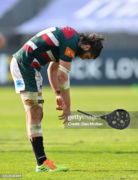 George Martin of Leicester Tigers reacts at the final whistle as he side suffer defeat during the Gallagher Premiership Rugby match between Bath and...