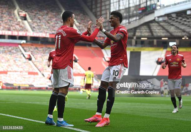 Mason Greenwood of Manchester United celebrates with teammate Marcus Rashford after scoring his team's first goal during the Premier League match...