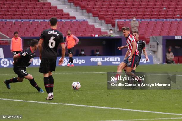 Marcos Llorente of Atletico de Madrid scores their fourth goal during the La Liga Santander match between Atletico de Madrid and SD Eibar at Estadio...