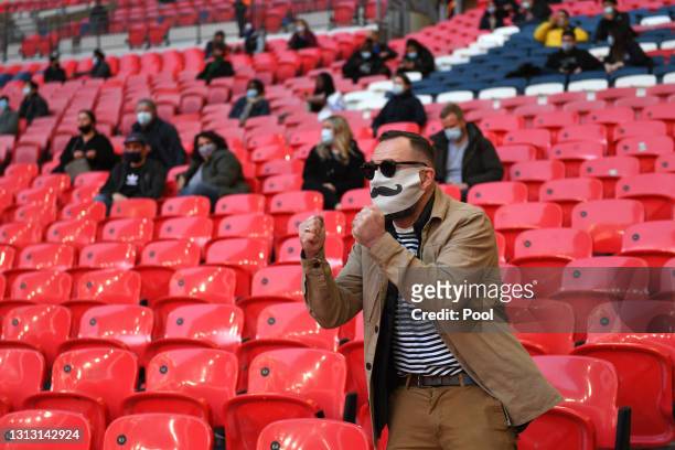 Fan shows support in the stands prior to the Semi Final of the Emirates FA Cup between Leicester City and Southampton FC at Wembley Stadium on April...