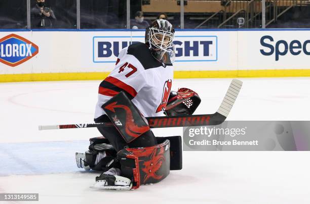 Aaron Dell of the New Jersey Devils skates against the New York Rangers at Madison Square Garden on April 17, 2021 in New York City.