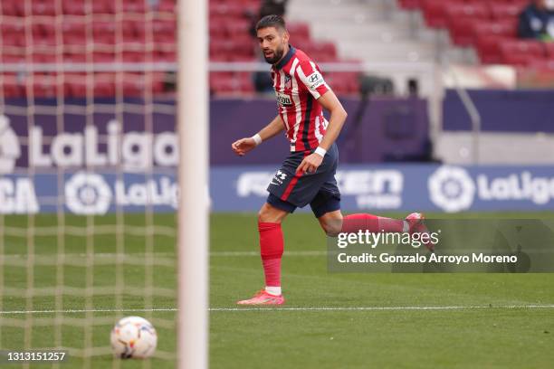 Yannick Carrasco of Atletico de Madrid scores their third goal during the La Liga Santander match between Atletico de Madrid and SD Eibar at Estadio...