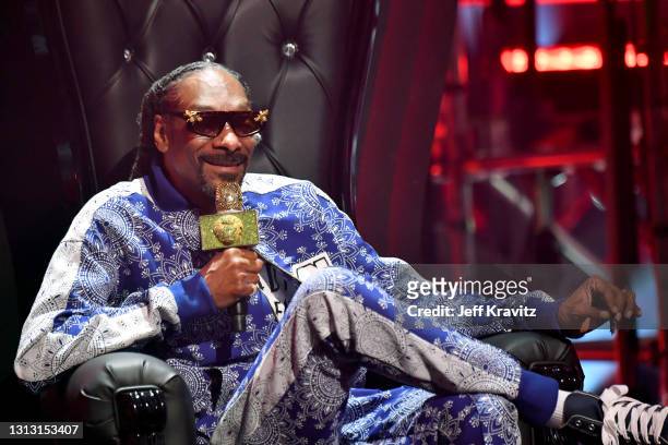 In this image released on April 17, Snoop Dogg of hip-hop supergroup Mt. Westmore performs during the Triller Fight Club: Jake Paul v Ben Askren...