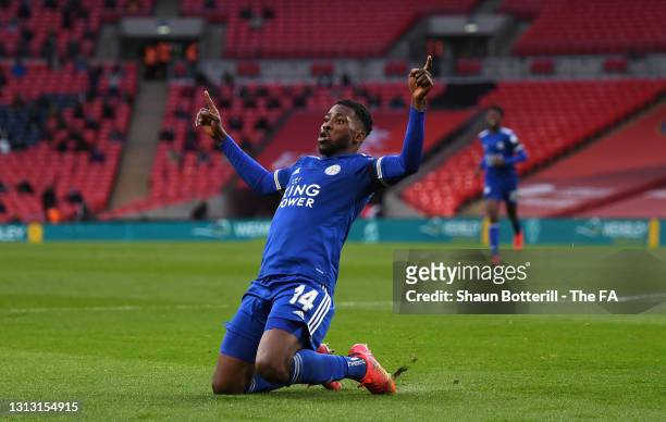 Kelechi Iheanacho of Leicester City celebrates after scoring his team's first goal during the Semi Final of the Emirates FA Cup between Leicester...
