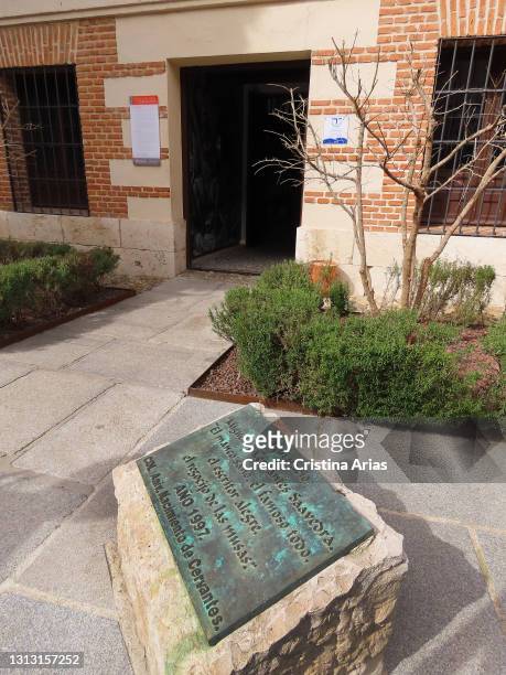 Plaque commemorating the birth of Miguel de Cervantes in Cervantes Birthplace Museum in Calle Mayor, Alcala de Henares, on February 25, 2021 in...