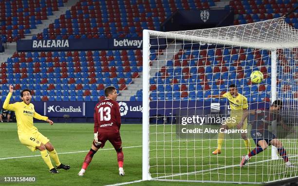 Sergio Postigo of Levante UD scores an own goal, Villarreal CF's first goal during the La Liga Santander match between Levante UD and Villarreal CF...