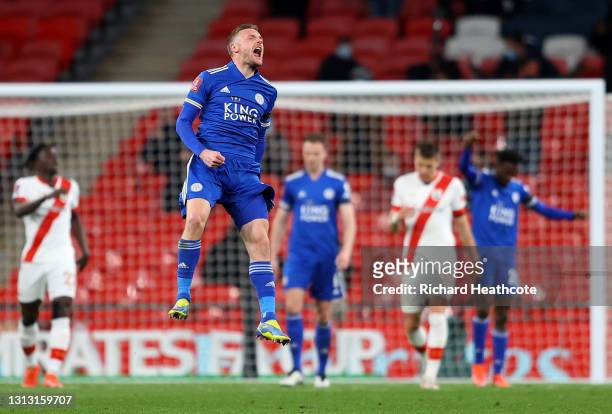 Jamie Vardy of Leicester City celebrates following his team's victory in the Semi Final of the Emirates FA Cup between Leicester City and Southampton...
