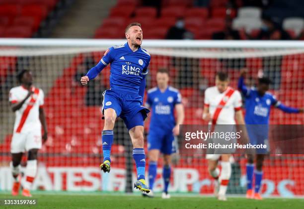 Jamie Vardy of Leicester City celebrates following his team's victory in the Semi Final of the Emirates FA Cup between Leicester City and Southampton...