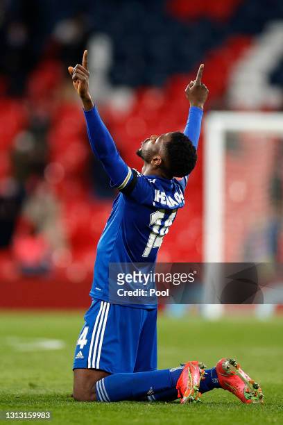 Kelechi Iheanacho of Leicester City celebrates following his team's victory in the Semi Final of the Emirates FA Cup between Leicester City and...