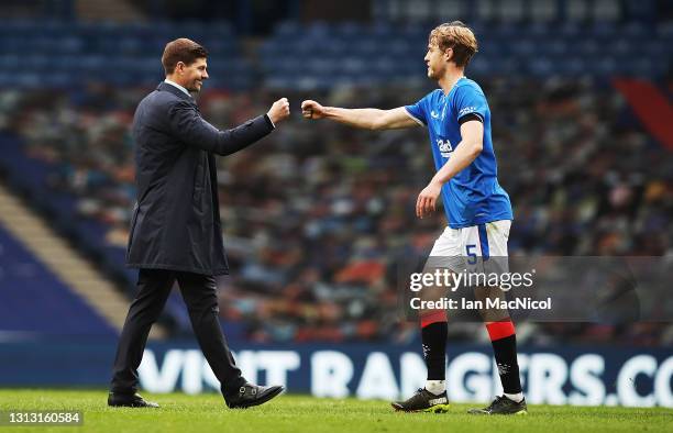 Rangers Manager Steven Gerrard and Filip Helander of Rangers are seen at full time during the Scottish Cup game between Rangers and Celtic at Ibrox...