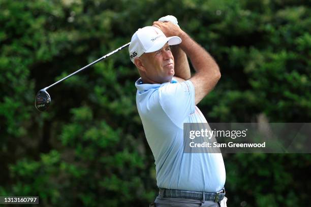 Stewart Cink of the United States plays his shot from the sixth tee during the final round of the RBC Heritage on April 18, 2021 at Harbour Town Golf...