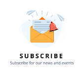 Vector banner of email marketing. Subscription to newsletter, news, offers, promotions. A letter in an envelope.