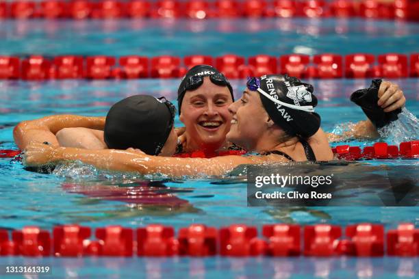 Molly Renshaw, Sarah Vasey and Abbie Wood of Great Britain celebrate after the Women's 100m Breaststroke Final on day five of the British Swimming...
