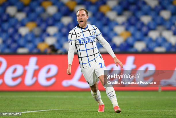 Christian Eriksen of FC Internazionale celebrates after scoring their team's first goal during the Serie A match between SSC Napoli and FC...
