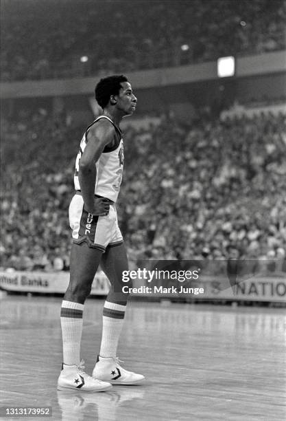 Denver Nuggets forward David Thompson stands on court during an NBA basketball game against the Cleveland Cavaliers at McNichols Arena on December 9,...