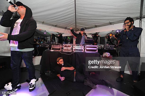 Das Racist performs at the launch of the MetroPCS Huawei M835 sanctioned by tokidoki at the tokidoki flagship store on November 3, 2011 in Los...