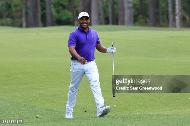 Harold Varner III of the United States reacts on the 15th hole during the final round of the RBC Heritage on April 18, 2021 at Harbour Town Golf...