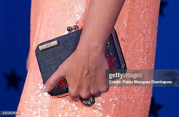 Model Raquel Rodriguez is wearing a Dsquared handbag during the 'Top Glamour Women of the Year Awards' 2011 at the Ritz Hotel on November 3, 2011 in...