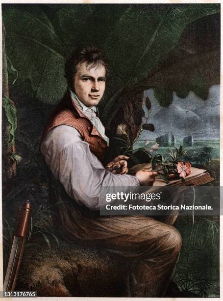 Alexander Von Humboldt German naturalist, explorer, geographer and botanist. Allegorical portrait at work during exploratory expeditions, the basis...