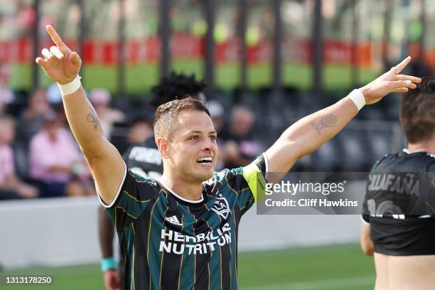 Javier "Chicharito" Hernandez of Los Angeles Galaxy celebrates after scoring a goal in the second half against the Inter Miami FC at DRV PNK Stadium...