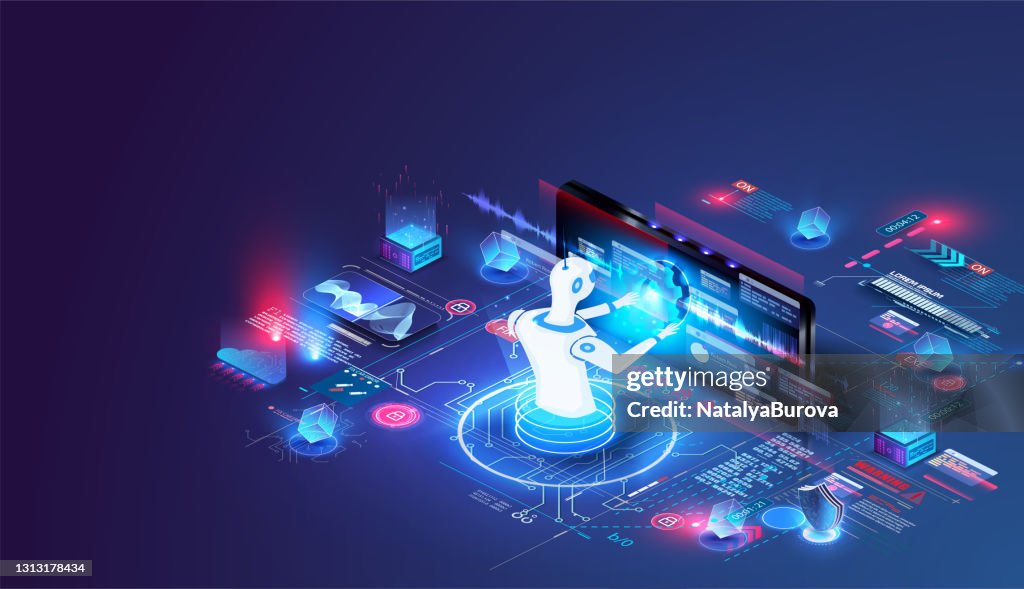 Isometric artificial intelligence. Neuronet or ai technology background with robot head and connections of neurons. Digital brain neural network, AI servers and robot technology. Vector illustration