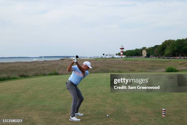 Stewart Cink of the United States plays his shot from the 18th tee during the final round of the RBC Heritage on April 18, 2021 at Harbour Town Golf...