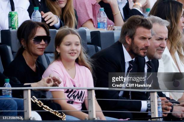 David Beckham, owner of Inter Miami CF, wife Victoria Beckham and their daughter Harper Beckham attend the game between Inter Miami FC and the Los...