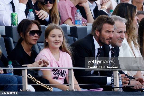 David Beckham, owner of Inter Miami CF, wife Victoria Beckham and their daughter Harper Beckham attend the game between Inter Miami FC and the Los...