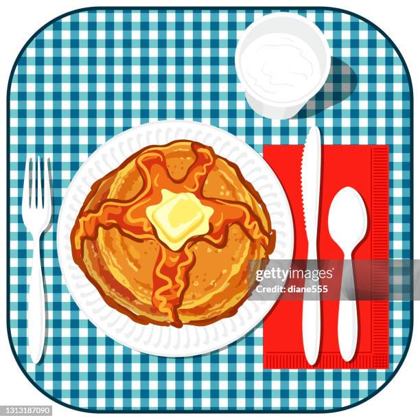 pancake breakfast on a checked tablecloth - maple syrup stock illustrations