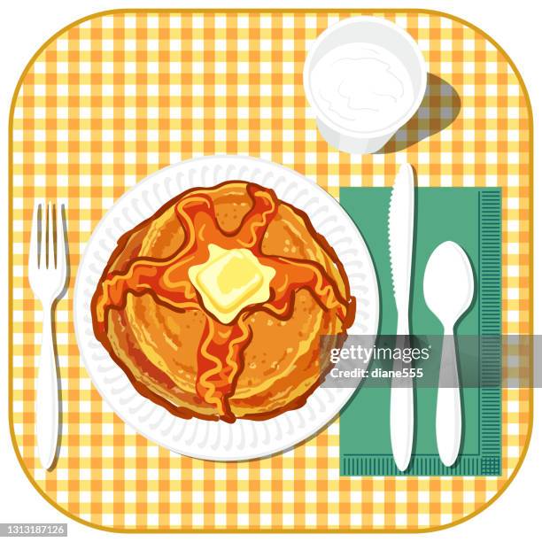 pancake breakfast on a checked tablecloth - maple syrup stock illustrations