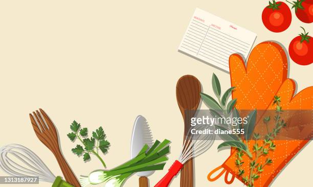 ilustraciones, imágenes clip art, dibujos animados e iconos de stock de cocinar alimentos y verduras de fondo - recetas