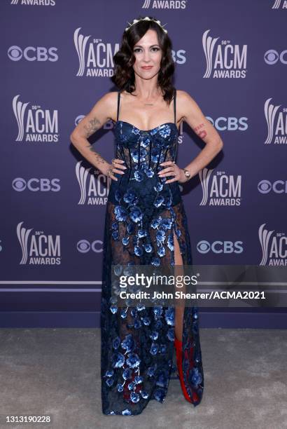 In this image released on April 18, Amanda Shires attends the 56th Academy of Country Music Awards at the Grand Ole Opry on April 18, 2021 in...