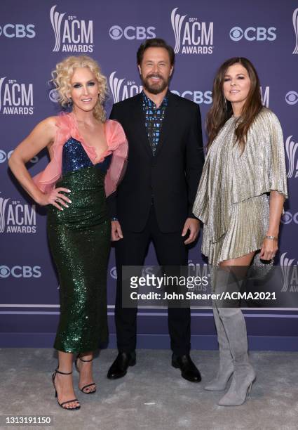 In this image released on April 18, Kimberly Schlapman, Jimi Westbrook, and Karen Fairchild of Little Big Town attend the 56th Academy of Country...