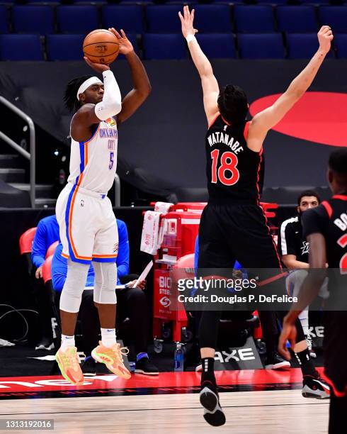 Luguentz Dort of the Oklahoma City Thunder shoots a three pointer during the first quarter against the Toronto Raptors at Amalie Arena on April 18,...