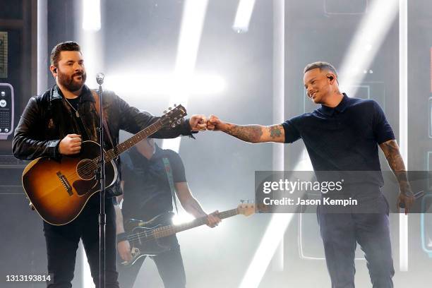 In this image released on April 18, Chris Young and Kane Brown perform onstage at the 56th Academy of Country Music Awards at the Ryman Auditorium on...